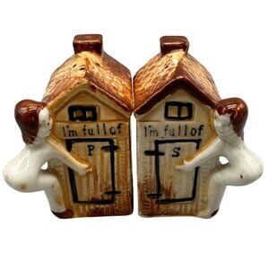 Vintage Ceramic Outhouse Salt & Pepper Shakers With Brown Roof And Figurines REA